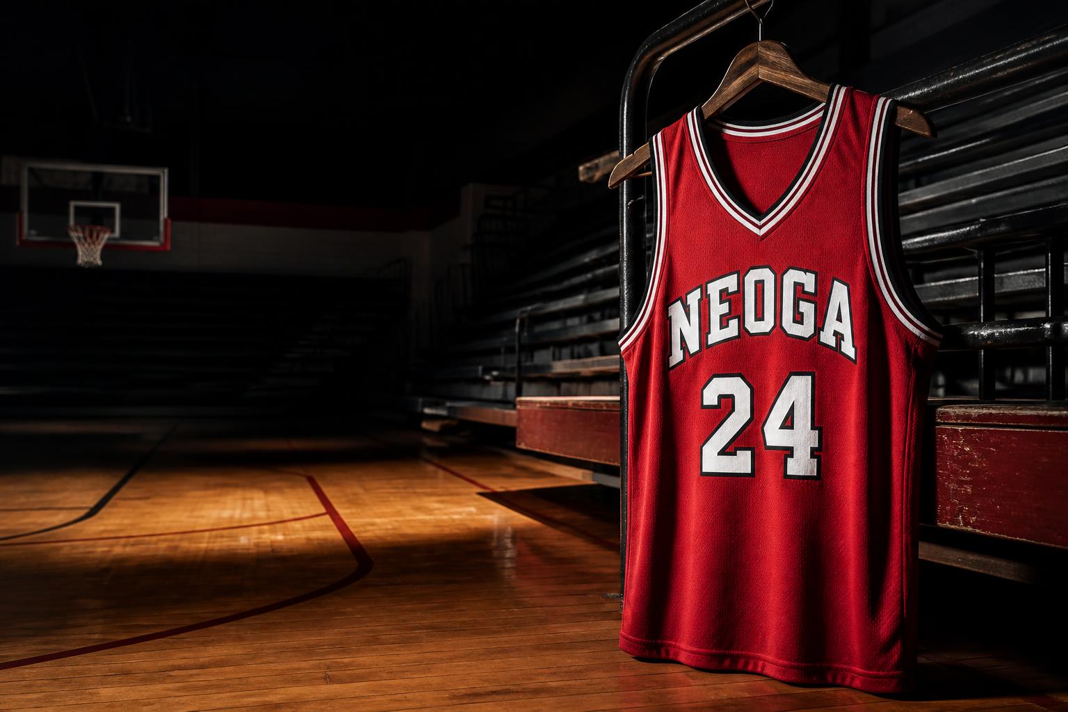 Neoga number 24 basketball jersey hanging in the gym